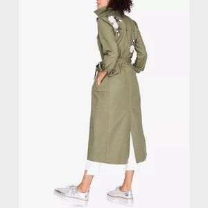 Rachel Roy Khaki Duster Long Jacket Trench Olive Embroidered Pink Flowers M